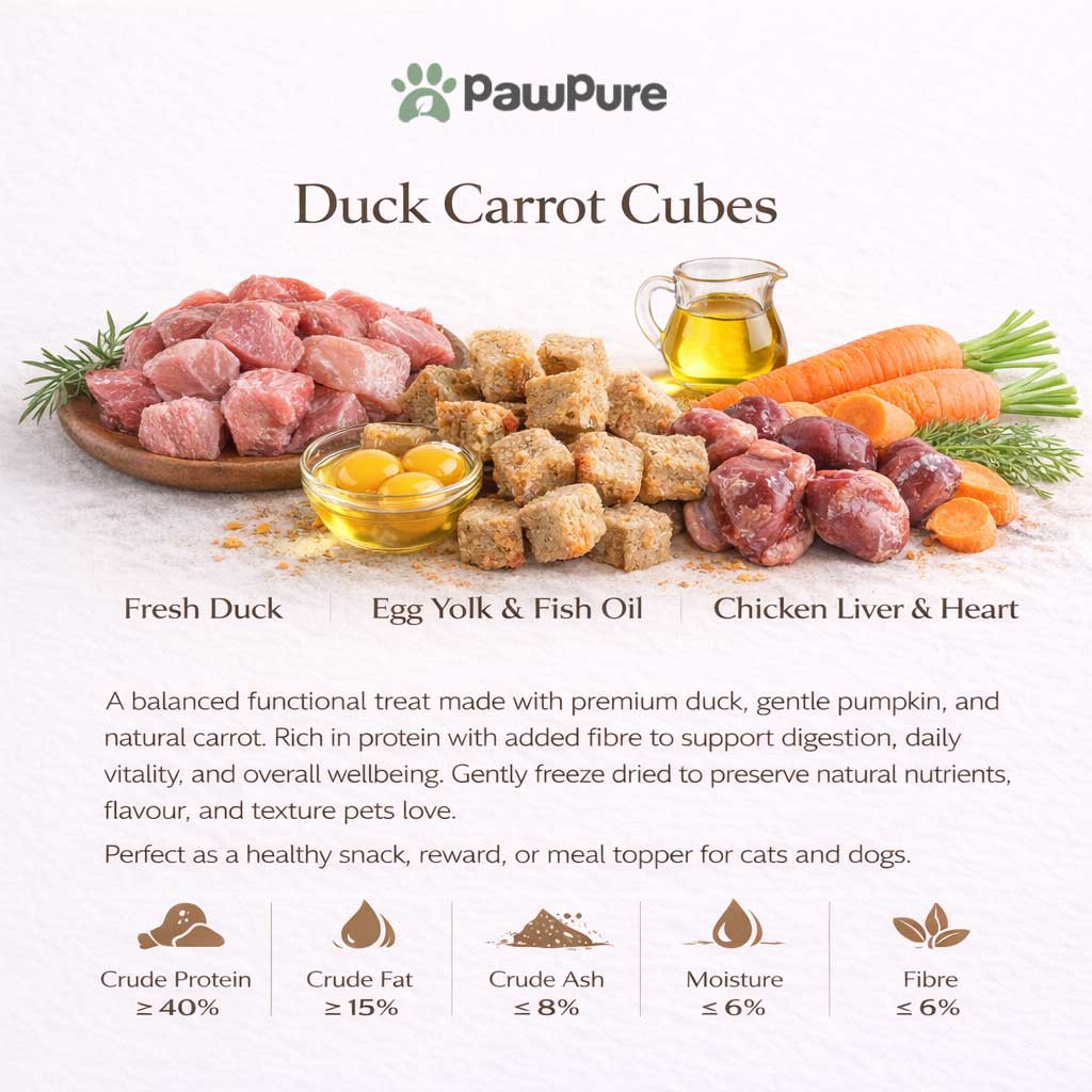 duck carrot freeze dried treats ingredients duck chicken liver chicken heart egg yolk carrot fish oil taurine vitamins pawpure