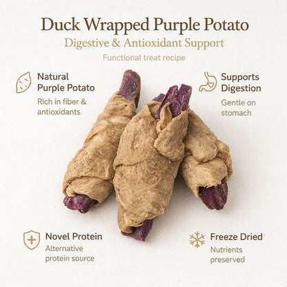Freeze dried duck wrapped purple sweet potato treats for dogs and cats by PawPure™